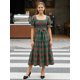 thumbnail image 4 of Vestido de mujer de otoño con estampado a cuadros, mangas abullonadas, escote cuadrado, corpiño ajustado y corte en A fluido., 4 of 7