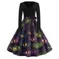 thumbnail image 2 of Halloween Dresses for Women Ghost Spider Long Sleeve Hepburn Cocktail Classic Dresses V Neck 1950s Casual Fall Dress with Belt 2XL, 2 of 5