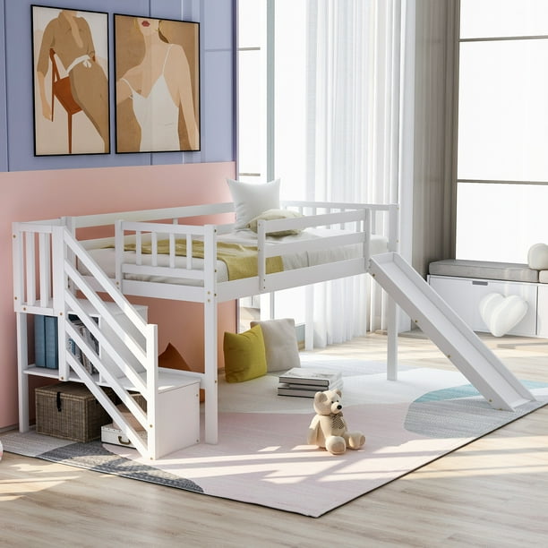 Aukfa Kids Slide Loft Bed, Twin Size, Solid Wood Loft Bed Low Profile 