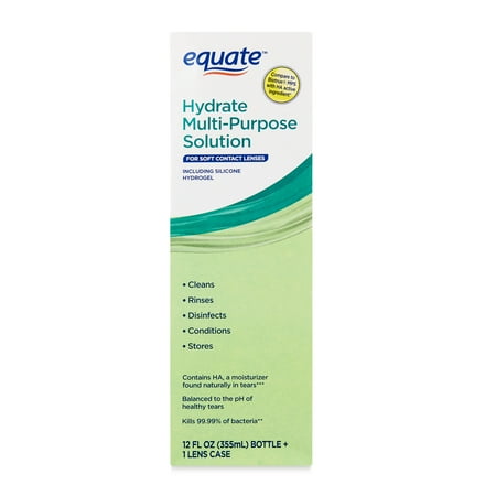 Equate Hydrate Multi-Purpose Solution Liquid for Soft Contact Lenses, 12 fl oz + 1 Lens Case, Compare to Biotrue® MPS with HA Active Ingredient
