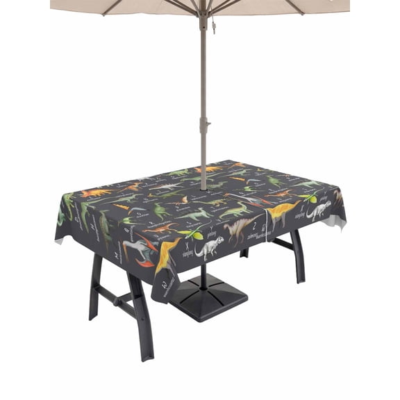 Outdoor Tablecloth with Umbrella Hole and Zipper, Grey Dinosaur Rectangle Table Cloth 60x120 Inch Waterproof Tablecloth, Vintage Letters Farm Animals Picnic Table Cover for Patio Camping