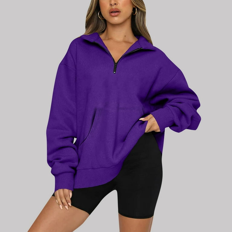 Yyeselk Womens Cropped Sweatshirts Fashion Half Zip V-Neck Long Sleeves  Pullover Fleece Hoodies 2023 Fall Clothes Trendy Outfits Purple XXL 