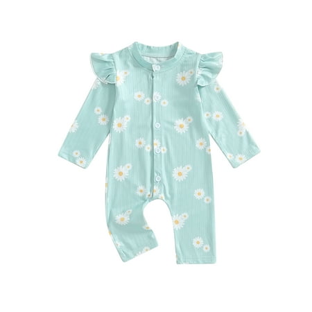 

Loalirando Baby Girls Button Romper Daisy Print Ruffles Long Sleeve Jumpsuits