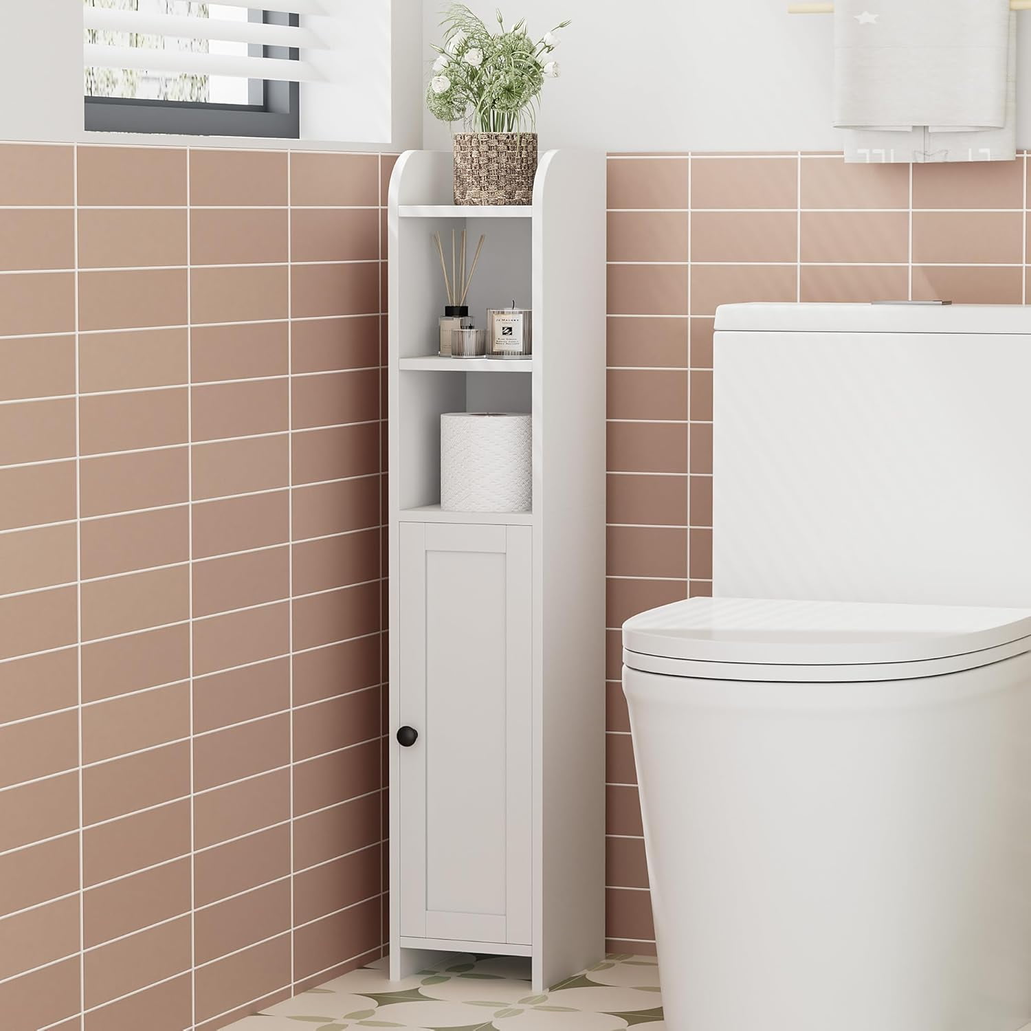 Small Bathroom Storage Corner Floor Cabinet with Door and Shelves, Beside The Toilet Paper Stand for Skinny, Narrow Toilet Paper Cabinet, 7.9" D x 7.1" W x 35.4" H, White