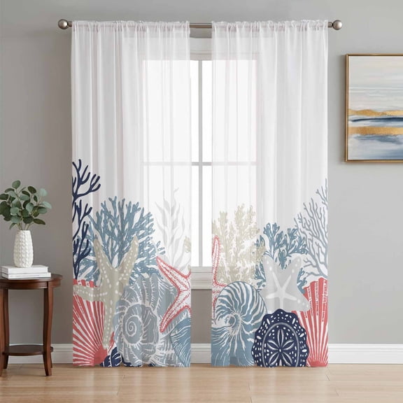 Coastal Coral Sheer Curtains 84 Inch Length 2 Panels Set, Ocean Starfish Beach Conch Navy Marine Life Voile Window Treatment Curtains Sheers Drapes for Bedroom/Living Room/Kitchen 52"x84"x2