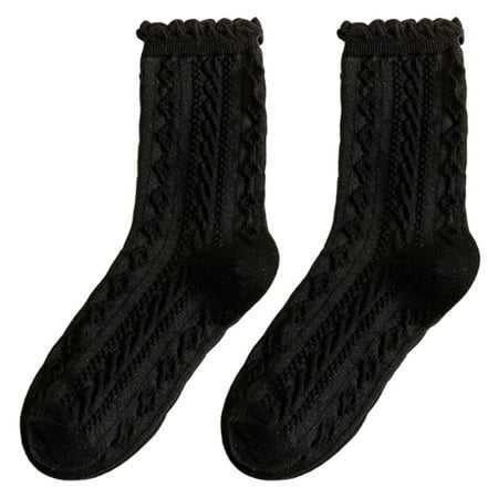

Women Girls Cotton Crew Socks College Style Twist Knit Wavy Striped Patterned Ruffle Trim Black White Mid Tube Hosiery