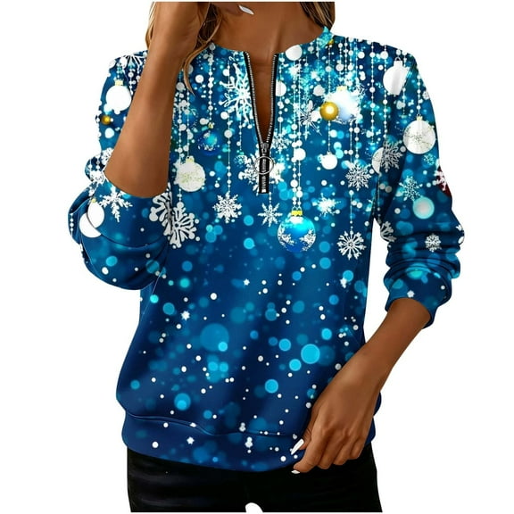Christmas Clothes for Women 1/4 Zip Pullover Graphic Crewneck Sweatshirt Snowflakes Xmas Holiday Tops Loose (XL, Blue 01)