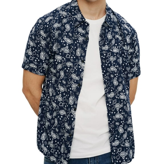 Elevenparis Mens Paisley Button Up Shirt, Blue, Medium