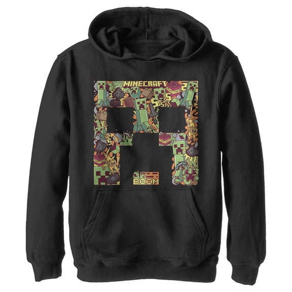 Boy's Minecraft Creeper Collage  Pull Over Hoodie Black Medium