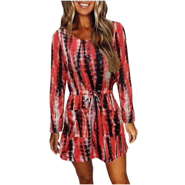 Vestido informal de manga larga con estampado de rayas y bolsillo con cordón para mujer Fridja nbo1211