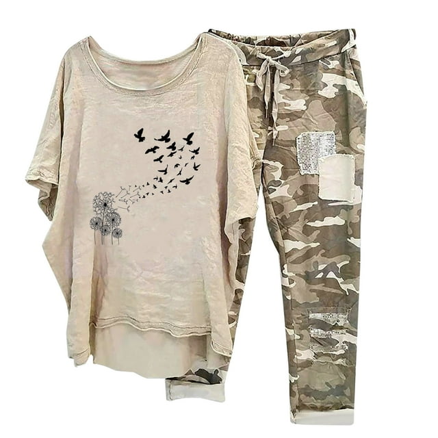 Hauts à Manches Courtes pour Femmes Ensemble Chemise + Pantalon Imprimé Col Rond Manches Courtes pour Femmes