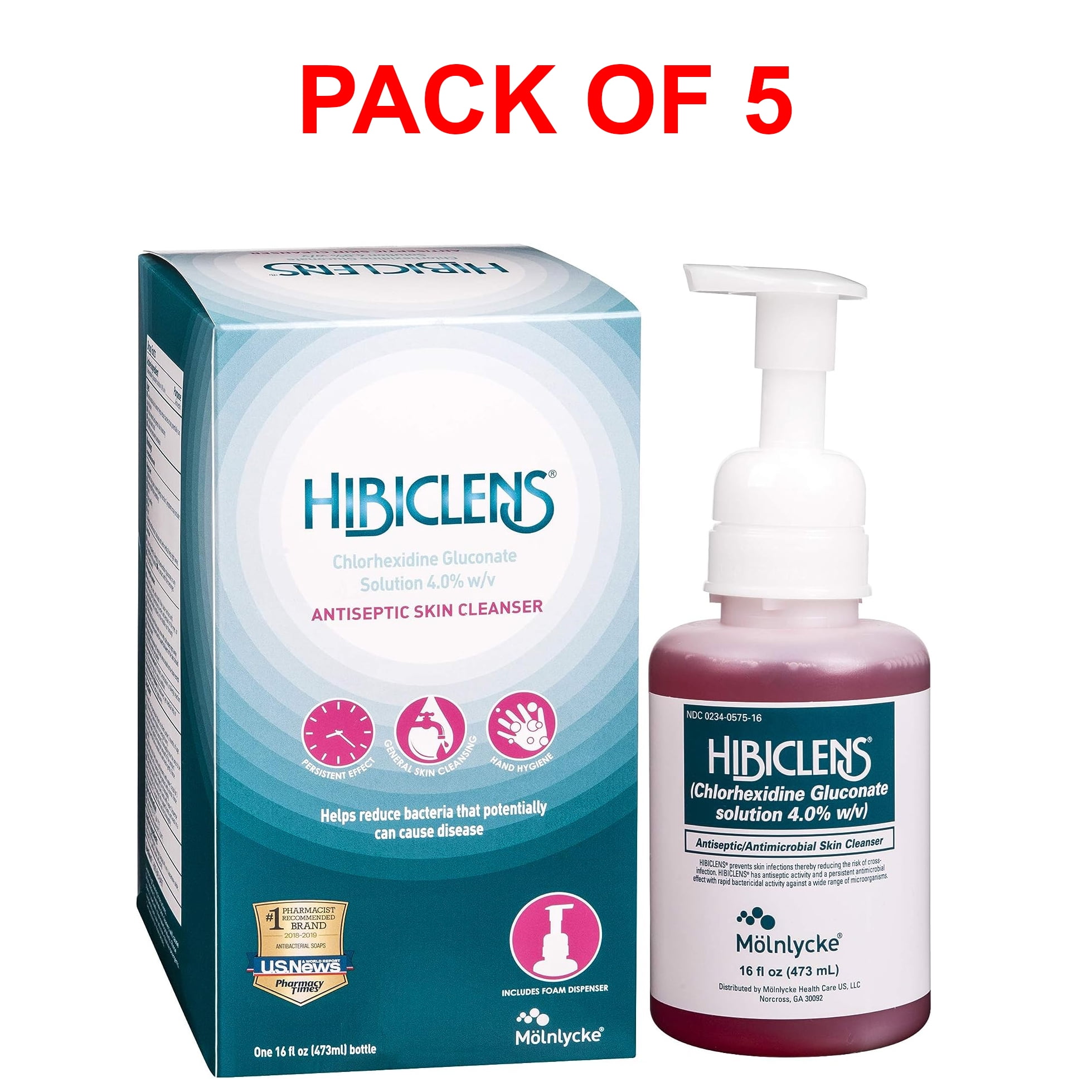 Hibiclens Antiseptic Skin Cleanser & Hand Soap Spray with Hand Pump - Long-Lasting Protection from Germs, Antibacterial & Antimicrobial Effect - Use in Home & Hospital - 16 oz Pack of 5