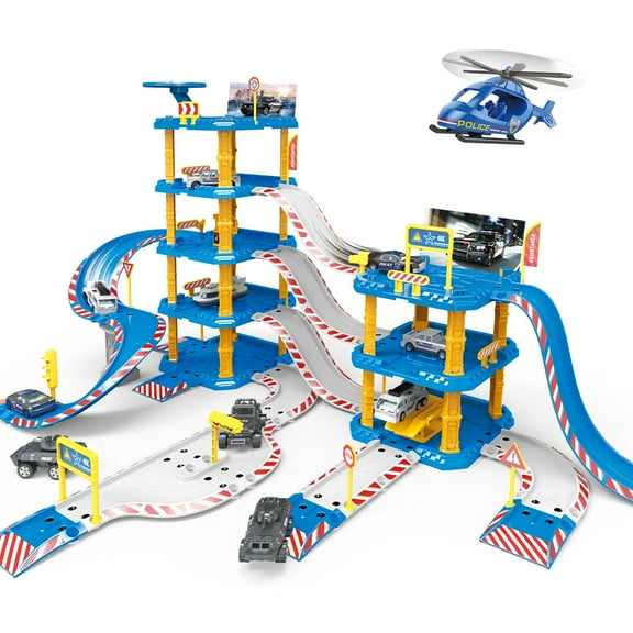 UNIH Kids Car Garage Toy, 2-in-1 Garage Toy Playset, Toy Garage Set with Vertical Ramps Spiral Ramps, City Garage Playset with Play Mat and 2 Alloy Cars for Kids 3 4 5 6 Years Old