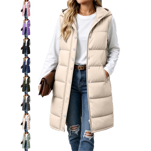 Women's Hooded Vest Mid Length Zip Front Snap Button Sleeveless Warm Winter Vest
