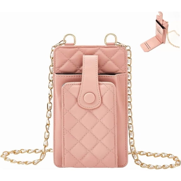 Small Crossbody Cell Phone Bag PU Leather Phone Purse Holder for Women Wallet Case Pouch with Credit Card Slots Mini Shoulder Bag with Shoulder Chain Travel Pocket 7.6x4.3x0.8 Inch Pink