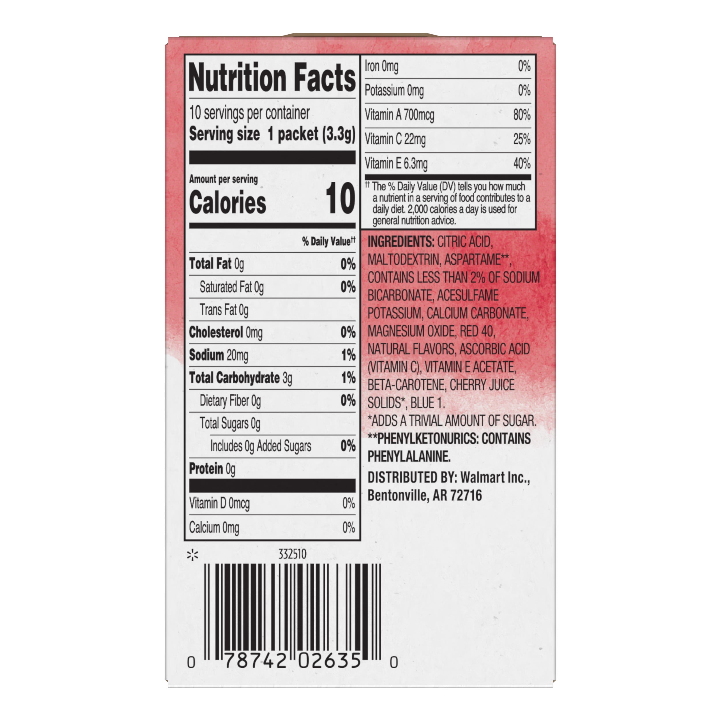 (12 pack) Great Value Sugar-Free Cherry Pomegranate Antioxidant Powdered Drink Mix, 0.11 oz, 10 Count