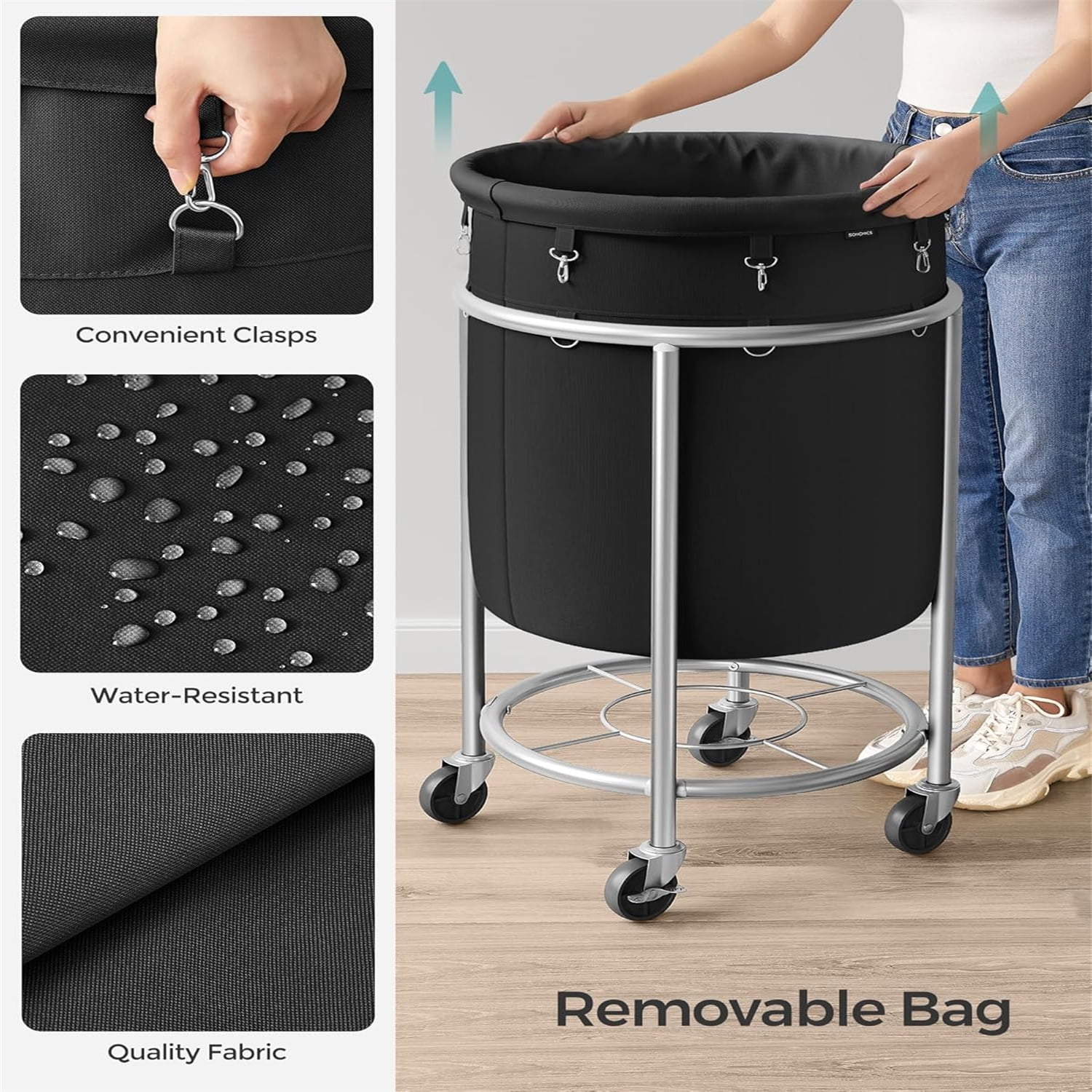 MX-29-Gallon (110 L) Laundry Basket with Wheels, Rolling Round Heavy-Duty Laundry Hamper Cart with Steel Frame and Removable Bag, 2 Locking Wheels, Ink Black and Metallic Silver