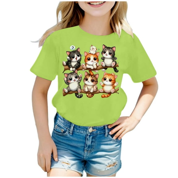 Toddler Girls Summer Tops Cute Cat Print Short Sleeve Tee Loose Fit Crewneck Casual Shirt Kids Breathable Clothes Light Green Size 4-6T
