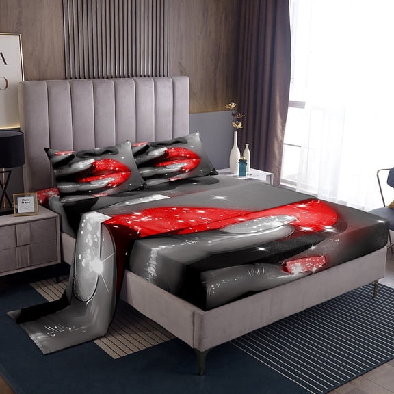 Erosebridal Glitter Lips Sheet Set Twin,Bling Sparkling Bedding Sets Twin Size,Grey Red Twin Sheet Sets,Ultra Soft Sparkle Room Decoration,3pcs