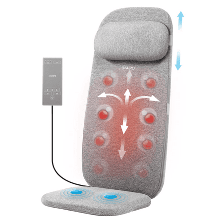 Naipo Shiatsu Massage Cushion with Heat and Vibration, 4 Kneading  Massage Chair Pad to Relax Full Back, Shoulders, Lumbar and Thighs, Stable and Portable Back Massager Mat for Home, Office Use, Grey