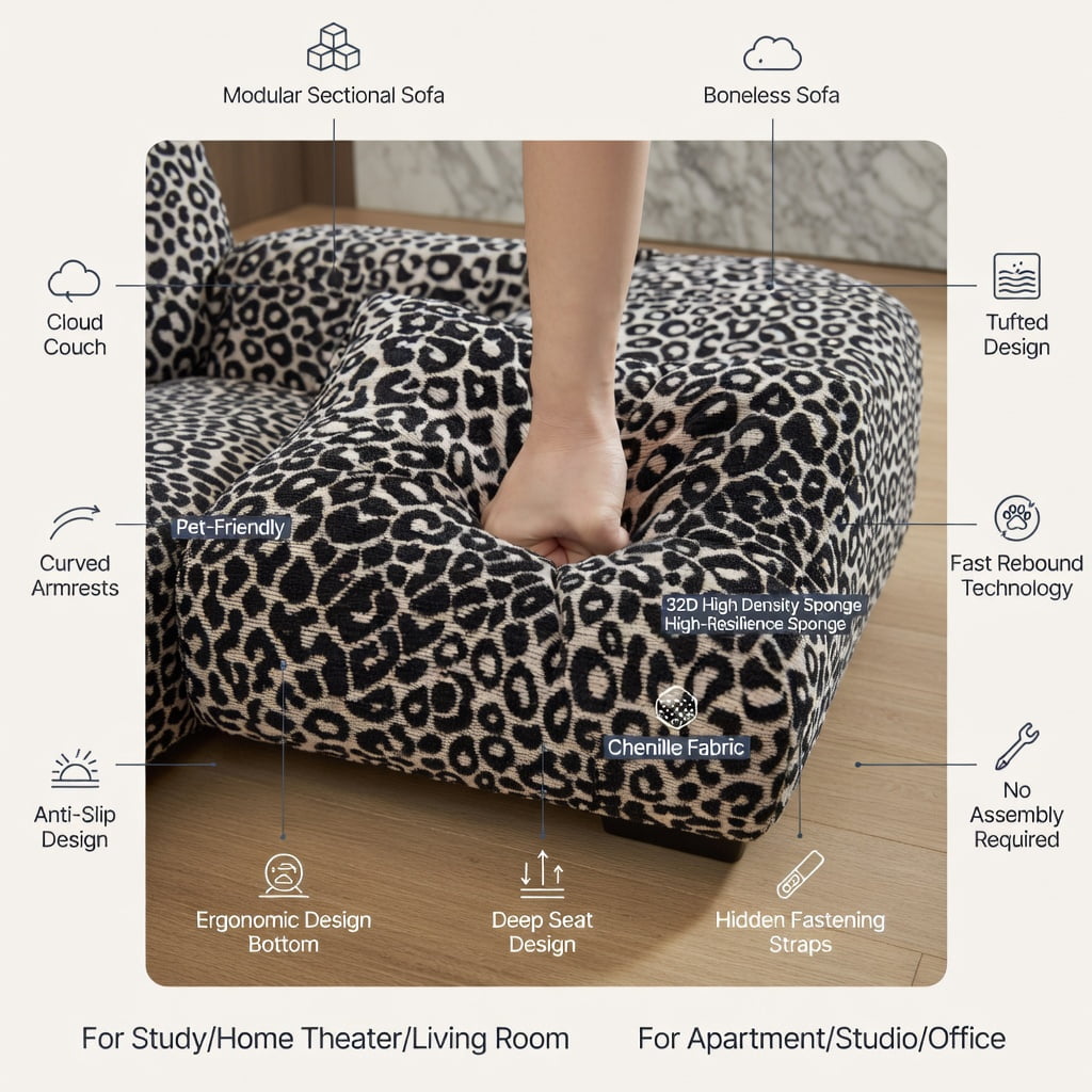 Hommoo 100" Leopard Print Chenille 3-Seater Modular Sectional Sofa, Tassel-Trimmed, Deep Seat, Ergonomic Support, Easy Snap-Together Assembly for Modern Living Rooms, khaki
