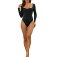 thumbnail image 2 of INSPIRE CHIC Women's Long Sleeve Bodysuit Shapewear Slim Fit Stretchy Square Neck Leotard Jumpsuit Tops S Black, 2 of 5