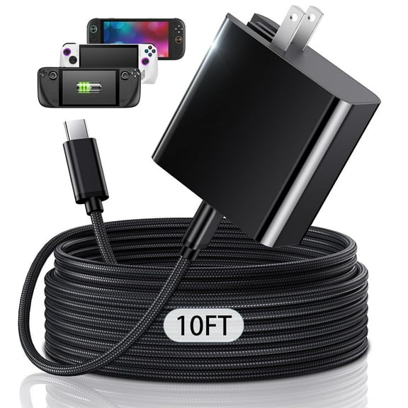 (10FT) 65W Fast Charger for Switch 2 2025, Steam Deck & ROG Ally PD3.0 Foldable AC Adapter with Long Charging Cable for TV Dock, Compatible with Console Controller