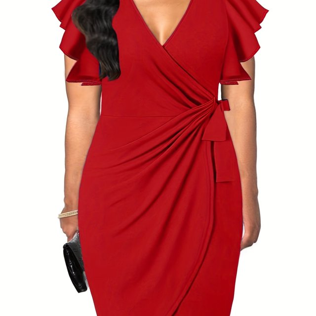Robe Élégante Grande Taille pour Femmes Manches à Volants Col Cache-Cœur Légèrement Extensible Robe Portefeuille