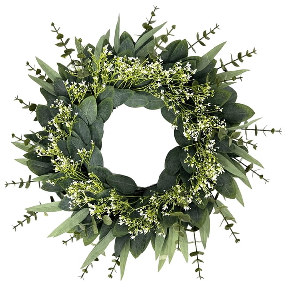Eucalyptus Wreath for Front Door, 19.7 in(50 cm)Spring and Summer Farmhouse Wreath, Plastic Greenery with White Flowers, Chic Rustic Home Décor, 2025 New Release