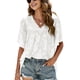 thumbnail image 1 of Camisas de jacquard de verano para mujer, blusa elegante con mangas acampanadas y cuello en V con volantes de Color puro para citas, 1 of 8
