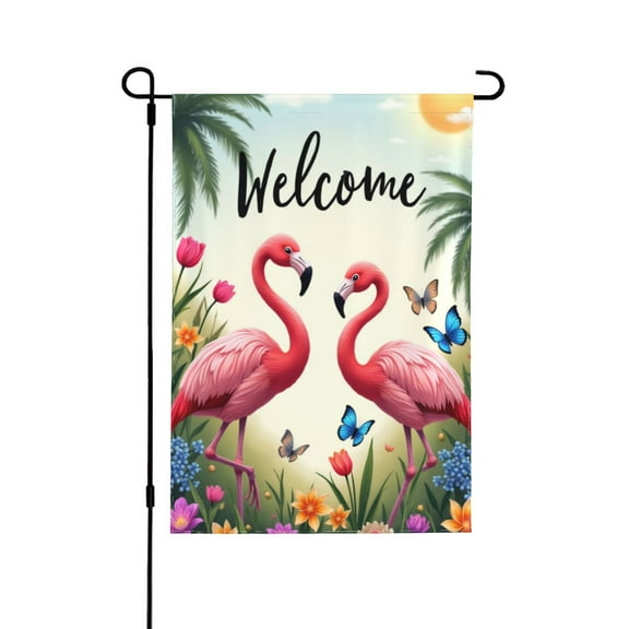 Spring Summer Garden Flag Welcome For Outside Flamingos In Tropical Landscape With Flowers And Palm Trees 12×18 In Double Yard Flag Outdoor Farmhouse Decoration Home Festival Gazebo