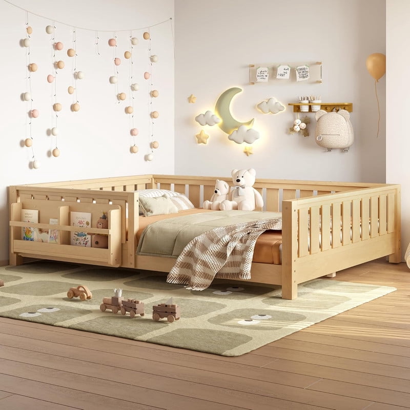 Bellemave Queen Size Floor Bed with Bookshelf, Wood Montessori Beds with Slats and Safety Guardrail, Low Profile Queen Bed Frame with Fence, No Box Spring Needed (Light Natural)