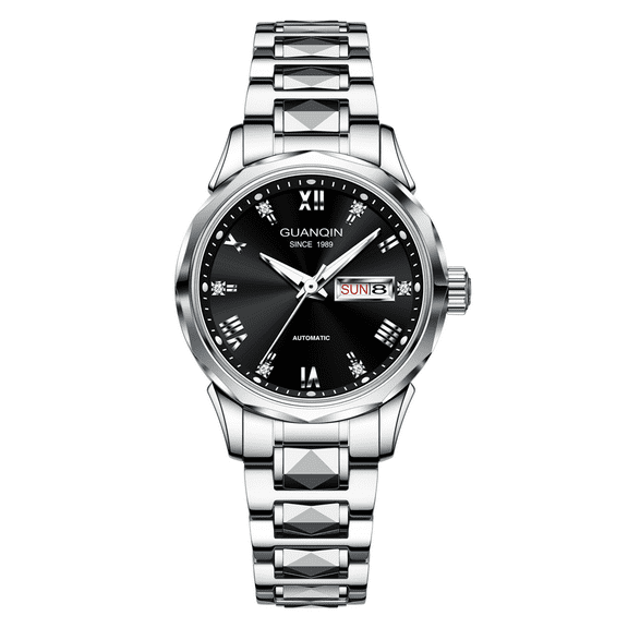 GUANQIN Men Women Couple Calendar Week Diamond Vintage Japanese Automatic Self-Winding Mechanical Wrist Watch Tungsten Steel Sapphire Crystal Waterproof Luminous Clock