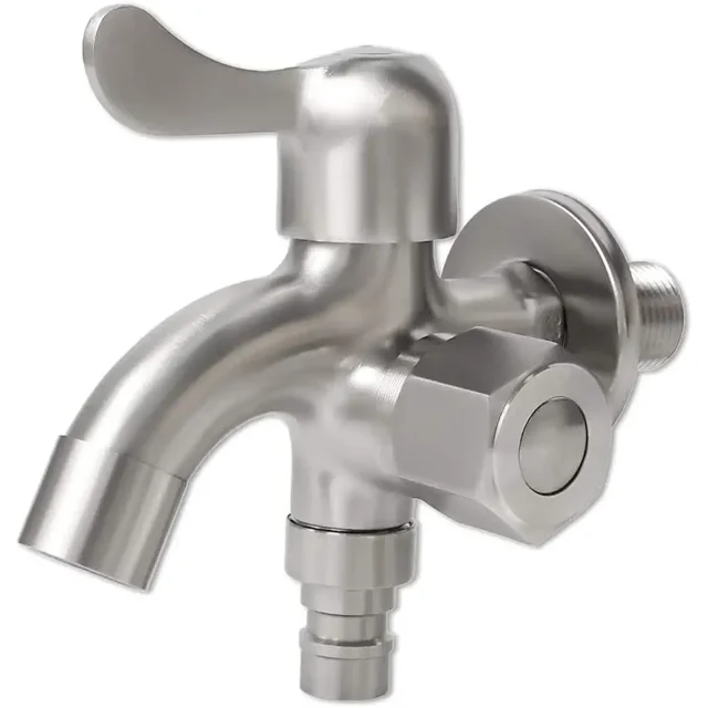 Grifo de doble salida de acero inoxidable 304 de 1/2 "con válvula de salida para lavadora y manguera de jardín, grifo de dos vías, grifo de jardín de doble salida JFHHH pequeña