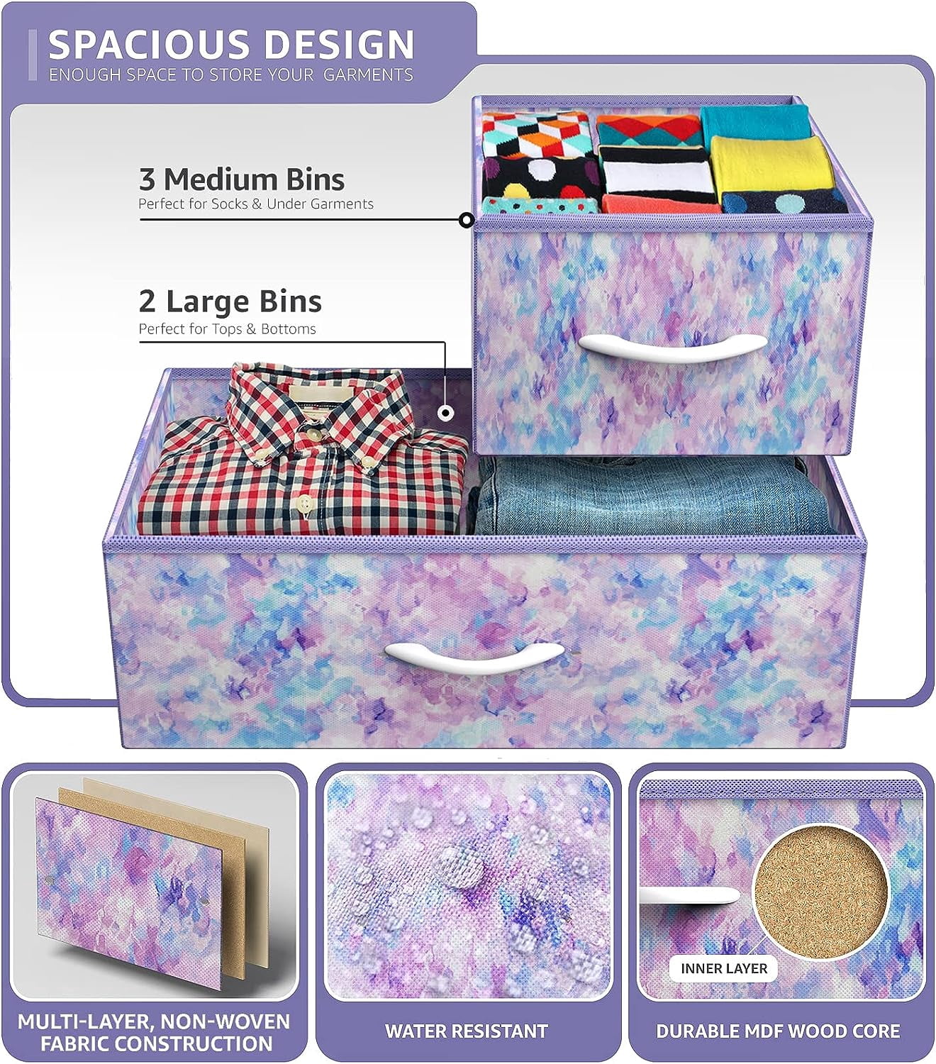 Sorbus 5-Drawer Dresser Storage Chest, Steel Frame, Wood Top, Fabric Bins, Tie-Dye Purple