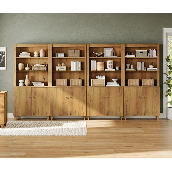 WAMPAT Modern 71" Tall Bookcase with Cabinets, 4 Columns 5-Tier，Oak Brown