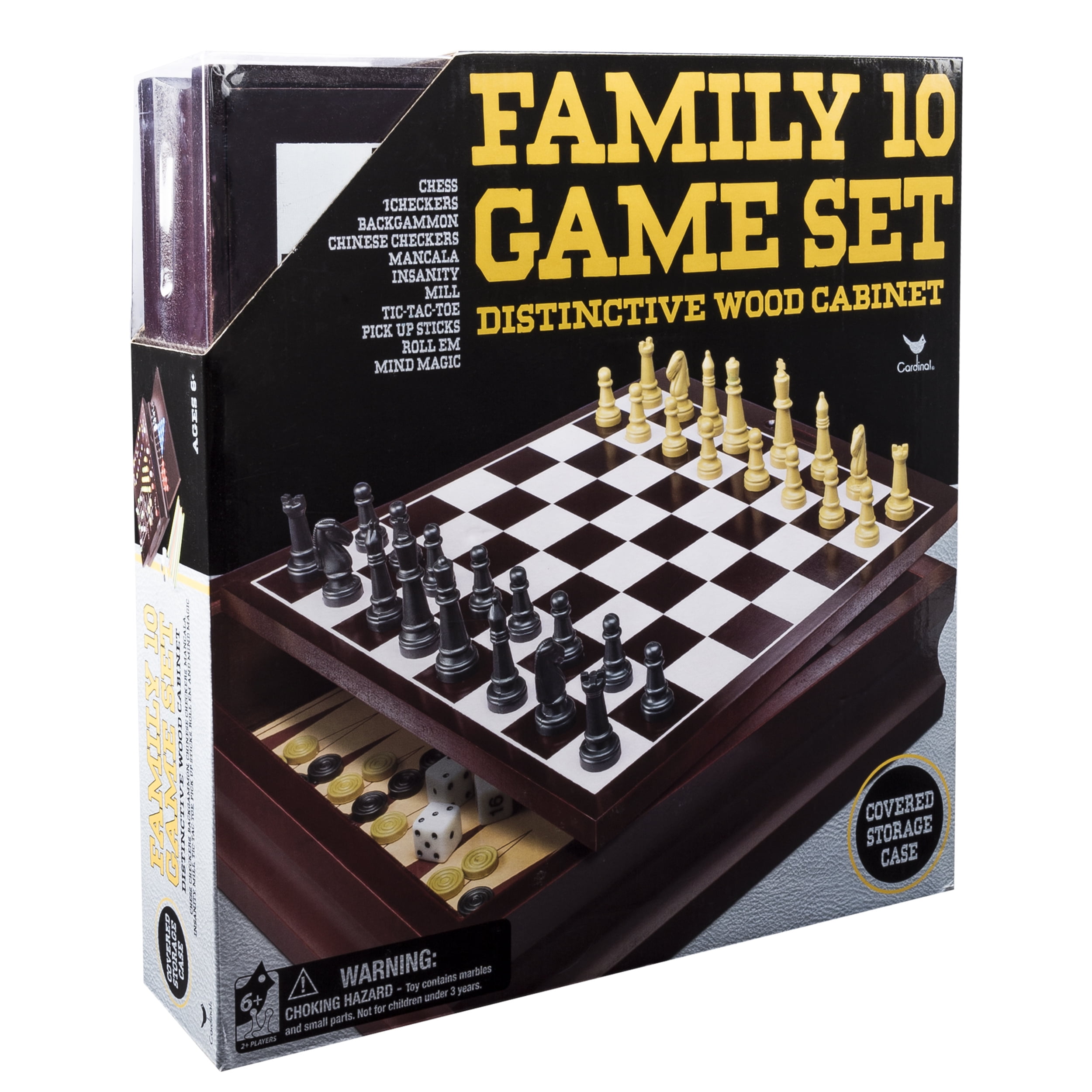 Family FUN 10 Classic GAME Set Wood Board Cabinet Chess Checkers Backgammon Dice