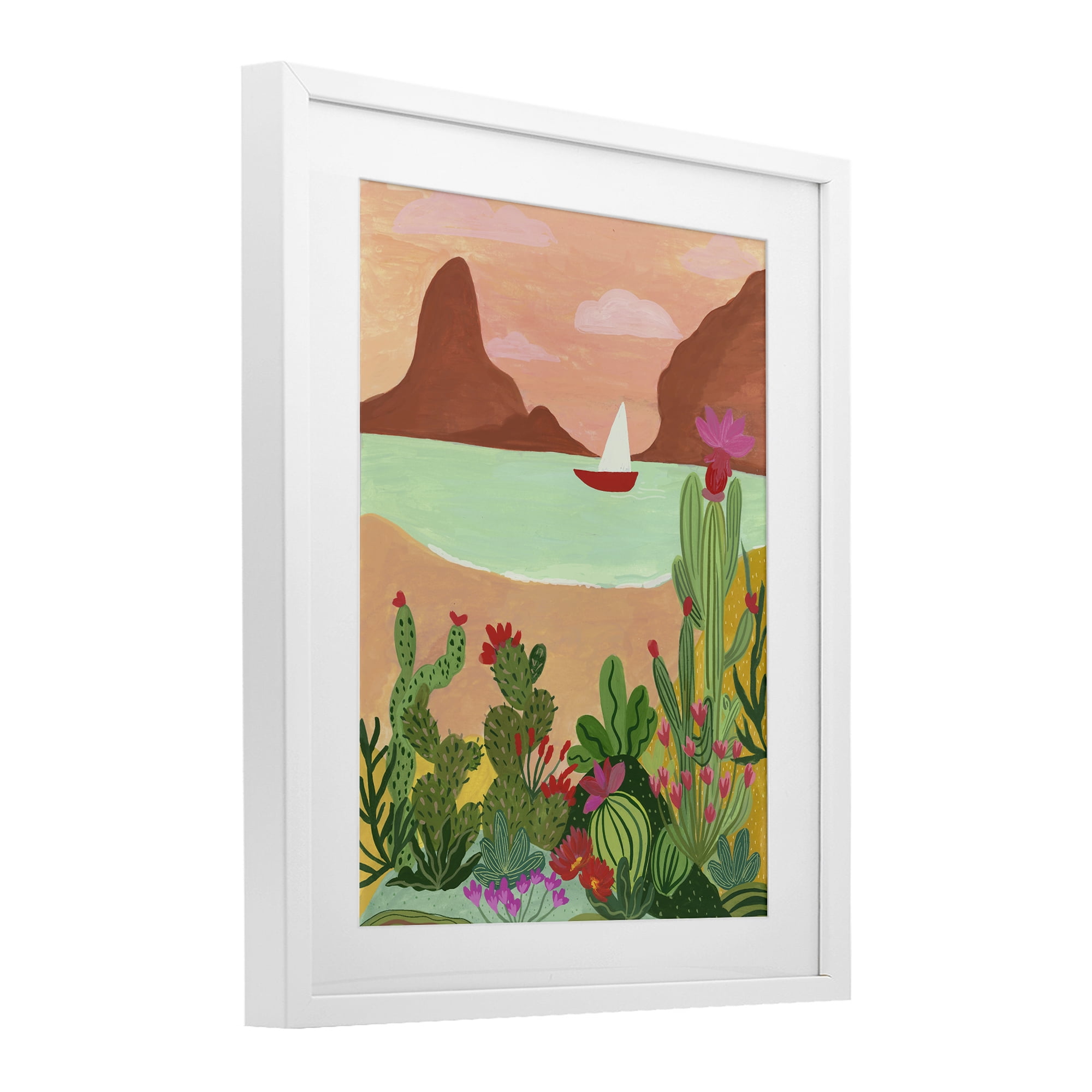 Desert Oasis Boat White Framed Print Under Glass, design by Nabeela Rumi