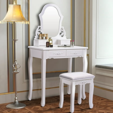 Costway White Vanity Jewelry Wooden Makeup Dressing Table Set ... Costway White Vanity Jewelry Wooden Makeup Dressing Table Set ...