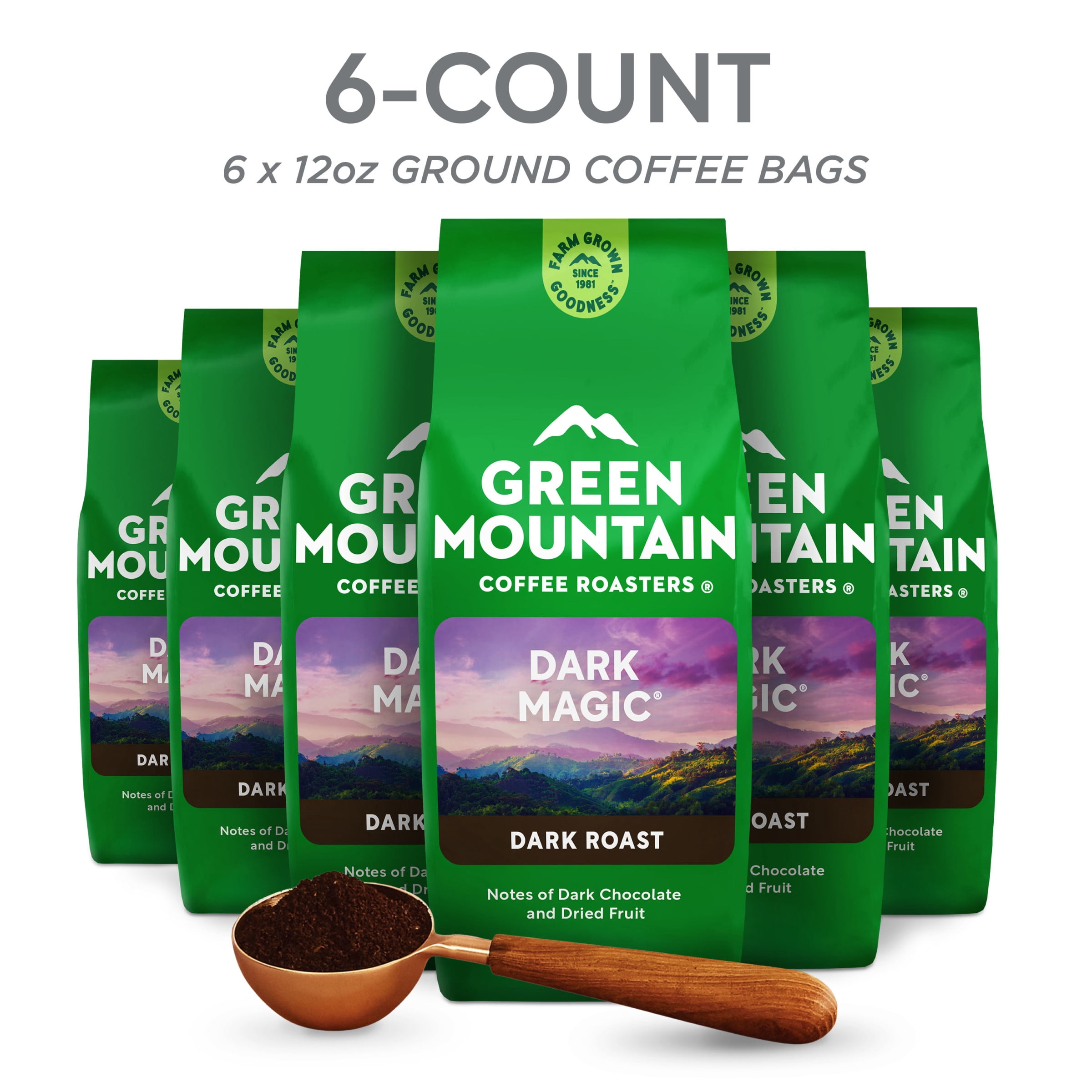 (6 pack) Green Mountain Coffee Roasters, Dark Magic Dark Roast Ground Coffee, Bagged 12 oz