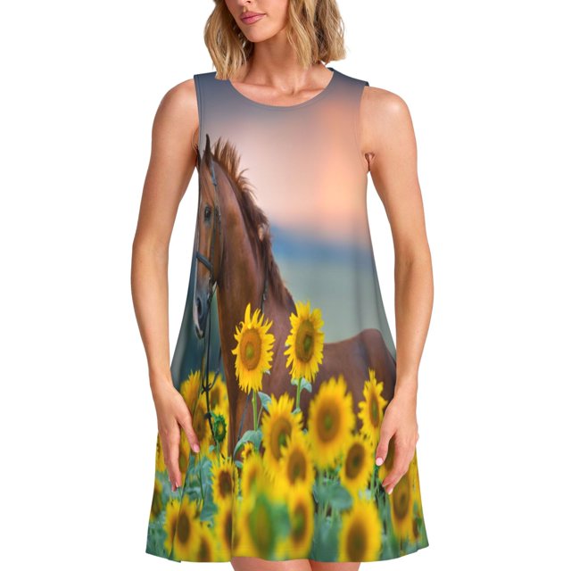 Disketp Horse Sunflowers para Vestido sin Mangas para Mujeres, Vestidos de Verano para Mujeres, Casual y Holgado para la Playa
