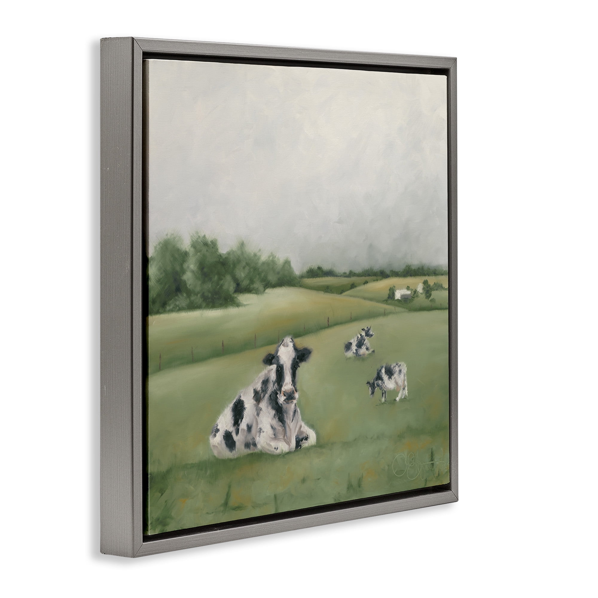 Stupell Industries Dairy Cows Grazing in Green Field Landscape Painting Gray Floater Framed Canvas Art Print Wall Art, 18 x 18
