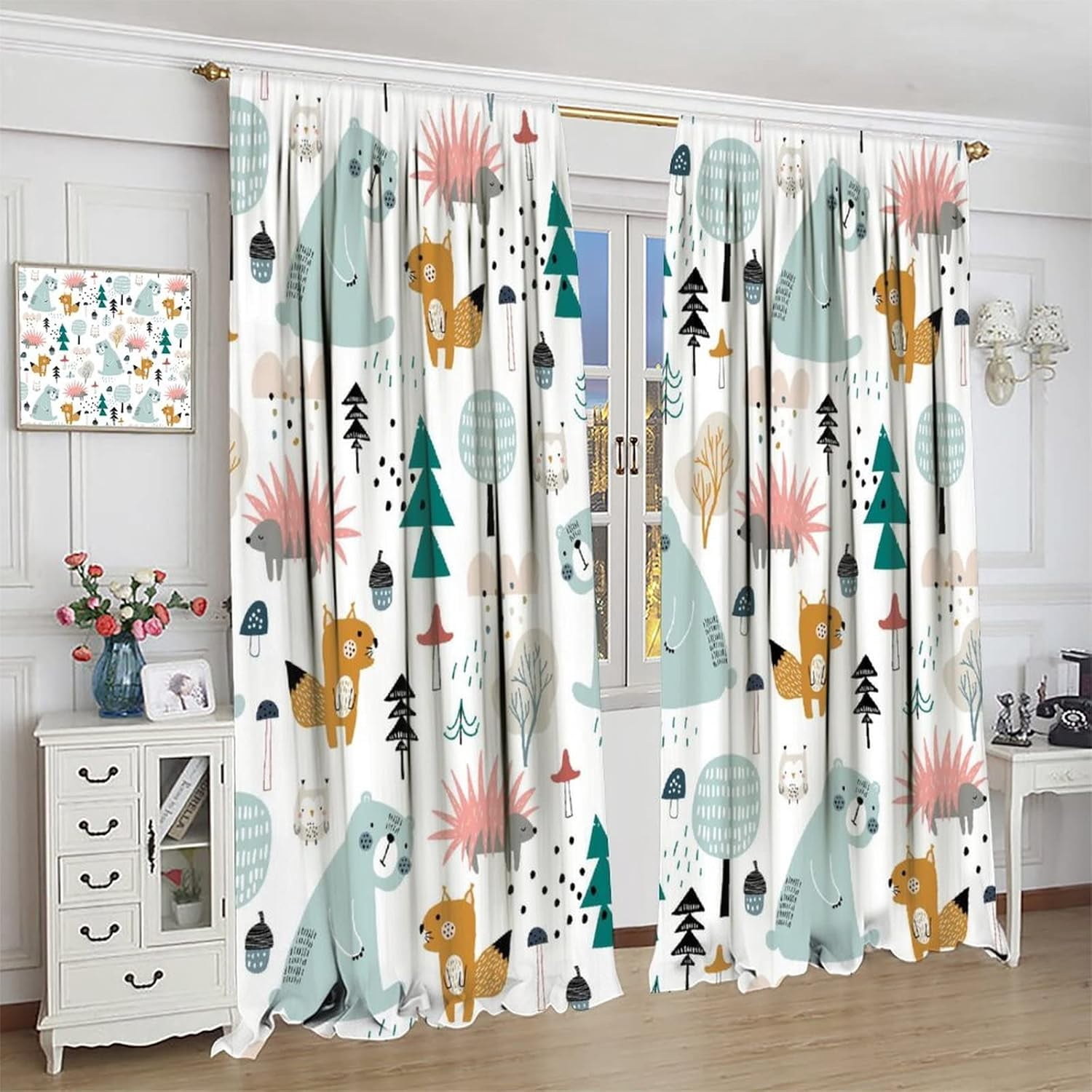 Kids Blackout Curtains,Each Panel W26 x 84" L,Cartoon Animal Forest Cute Bear Squirrel Rod Pocket Curtains for Boys Girls Bedroom Living Room Baby Room Nursery Window Drapes 2 Panel Set 52" x 84"