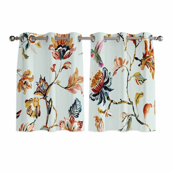 Green Spring Floral Kitchen Curtains Window Panels, Summer Botanical Vintage Birds Insulated Window Treatment Curtain, Grommet Curtains for Bedroom/Living Room/Bathroom, 2 Piece 52"Wx45"L