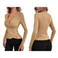 thumbnail image 3 of Camiseta de Larga Ajustada con Escote en V Profundo y Fruncido para Mujer Caqui XXL, 3 of 5