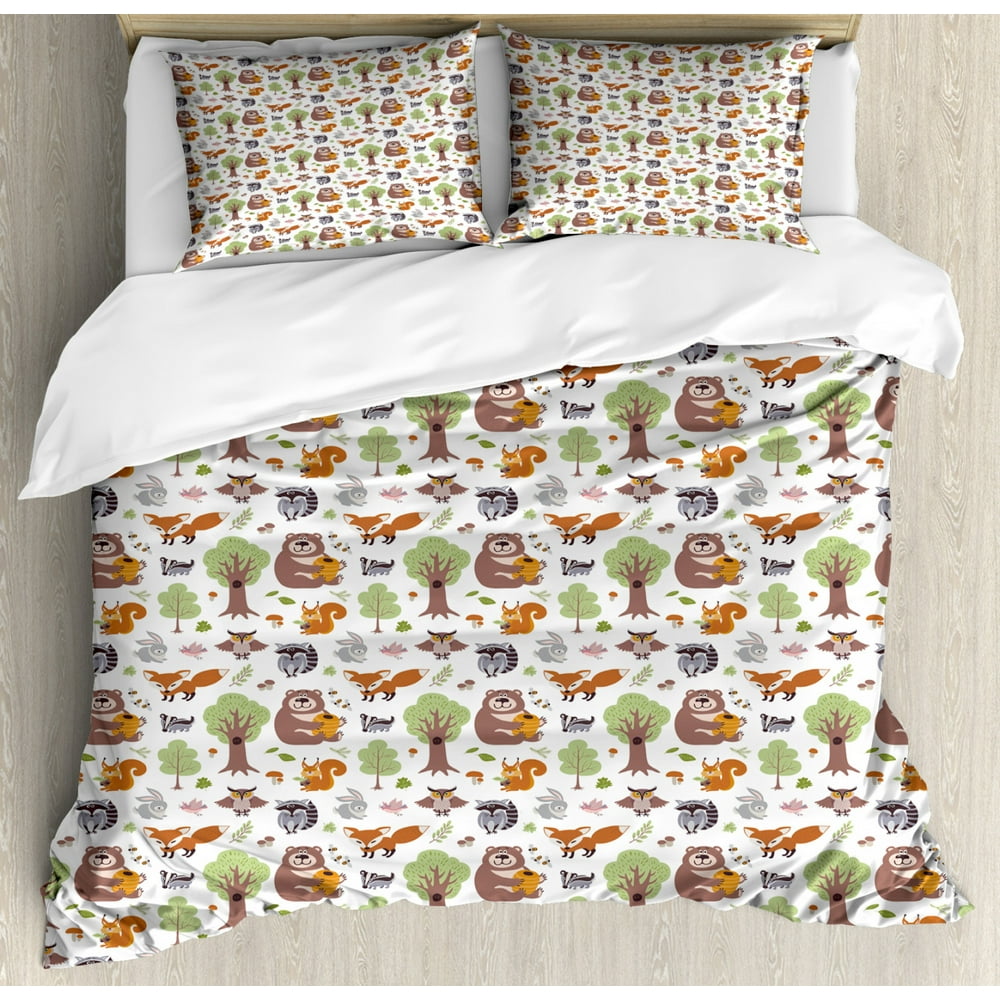 Forest Duvet Cover Set Queen Size, Doodle Woodland Creatures as Honey ...