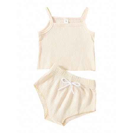 

Nokpsedcb Infant Baby Girl 2PCS Summer Streetwear Suit Sling Plain Color Rib Camisole High Waist Triangle Bowknot Shorts Beige 6-12 Months