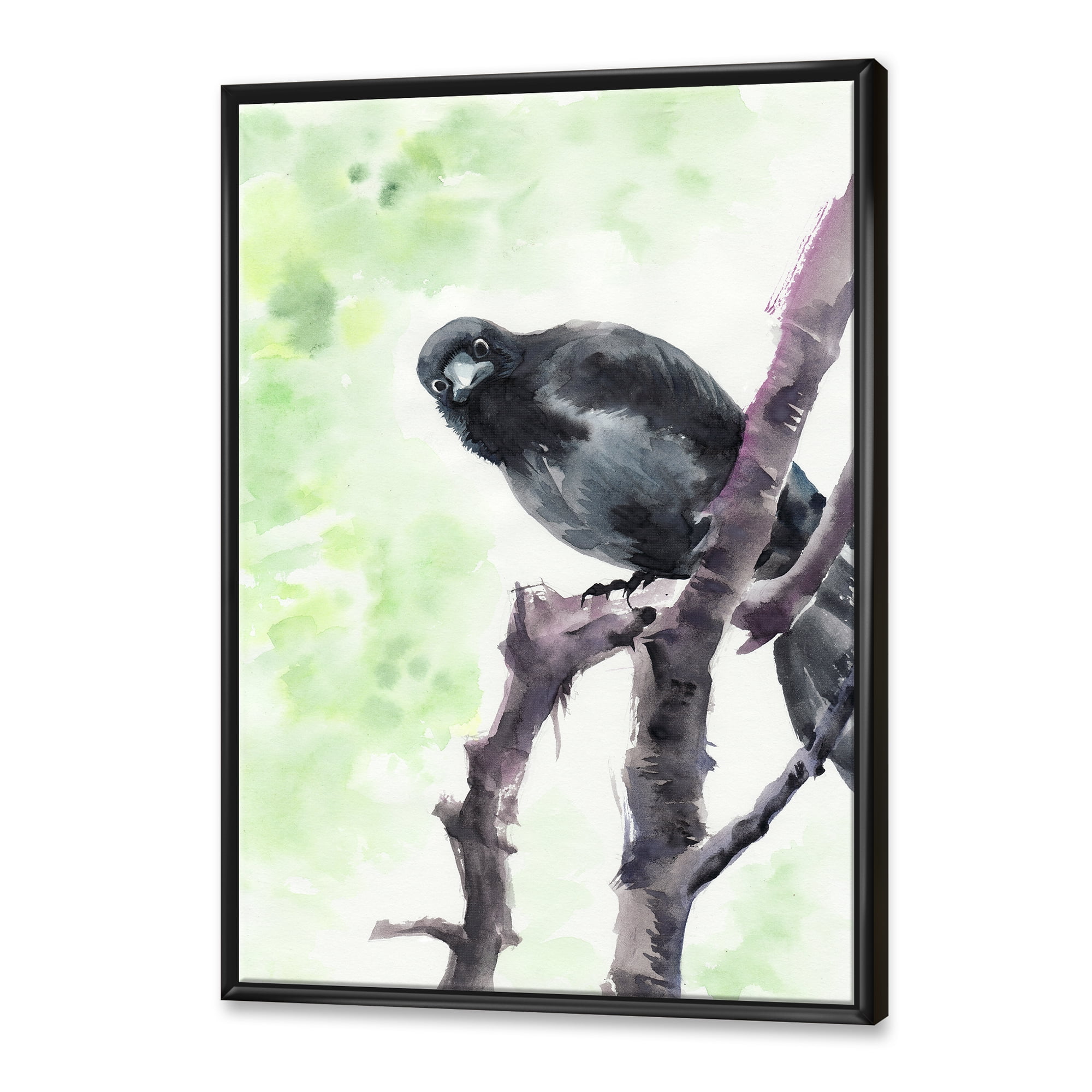 Curious Crow Sitting On A Branch 12 in x 20 in Framed Painting Canvas Art Print, by Designart