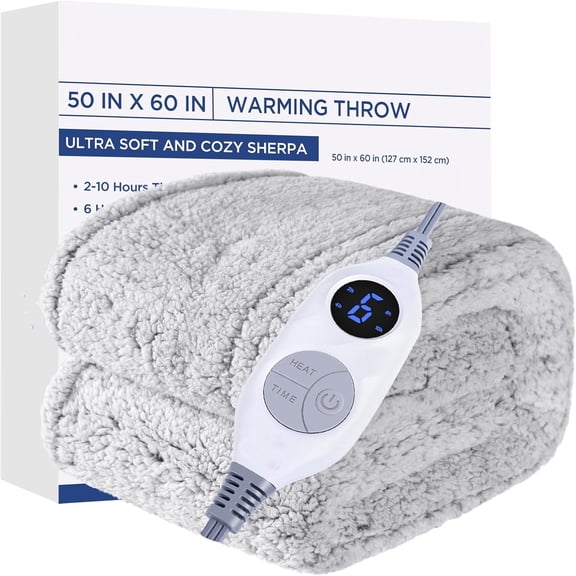 Electric Blanket Throw Size, Soft Plush Sherpa Heated Blanket with 6 Heating Levels & 2-10 Hours Auto-Off, Machine Washable, 50x60 inches, Grey