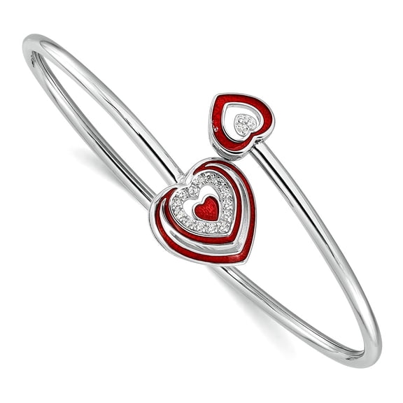2.49mm 925 Sterling Silver Rhodium Plated Cubic Zirconia Red Enamel Love Heart Flexible Cuff Bangel Bracelet Cuff Bracel